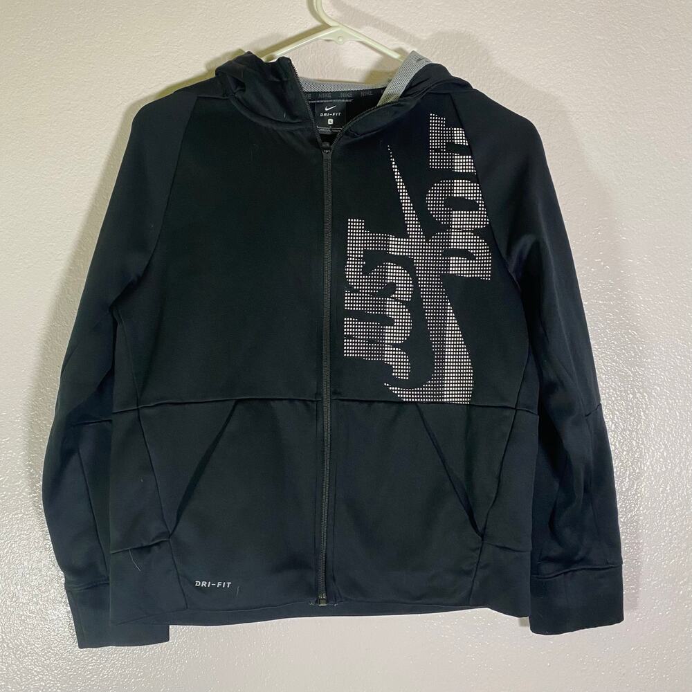 Nike Dri Fit Just Do It Black Full Zip Hoodie Hooded Sweats Kids Youth Size L
